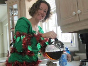 Pouring coffee in my Ugly Christmas Sweater